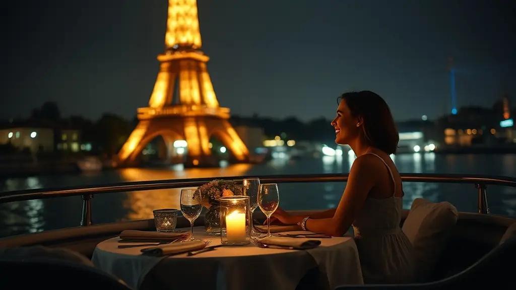 A beautifully decorated table set for a romantic dinner cruise on the Seine River at sunset, with the Eiffel Tower in the background.
